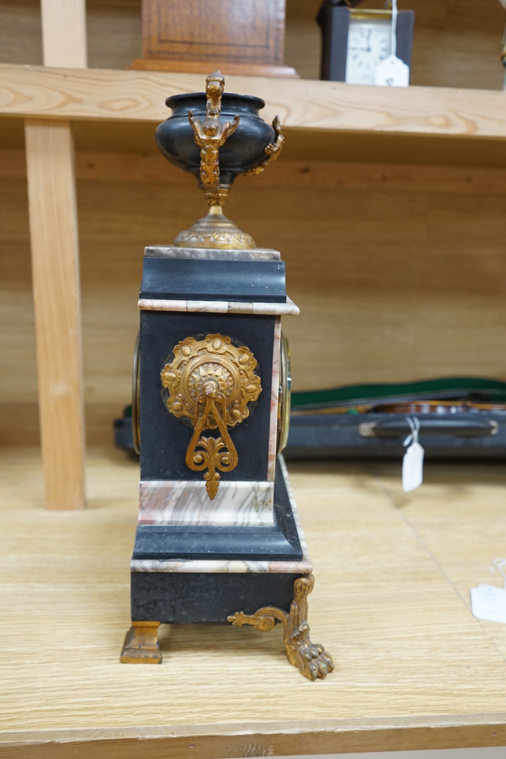 An early 20th century gilt metal and marble clock, no key or pendulum, 44cm. Condition - fair to good, not tested